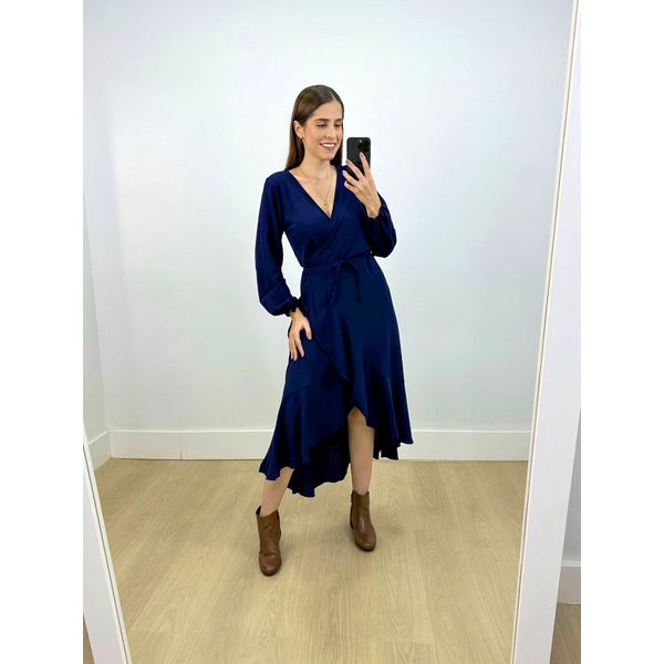 Vestido Midi Envelope Manga Longa Marinho