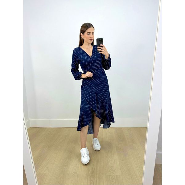 Vestido Midi Envelope Manga Longa Poá Marinho