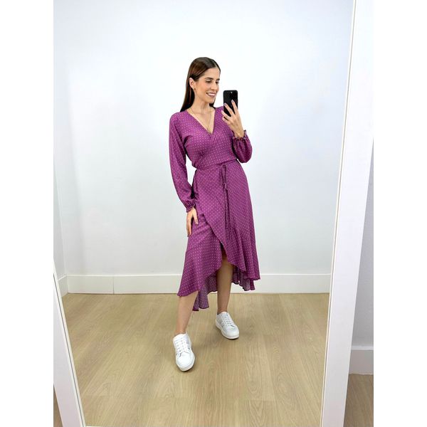 Vestido Midi Envelope Manga Longa Poá Roxo