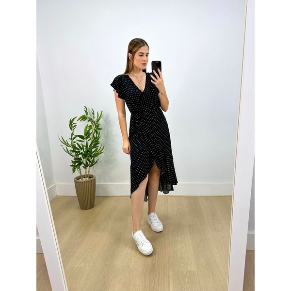 Vestido Midi Envelope Poá Preto