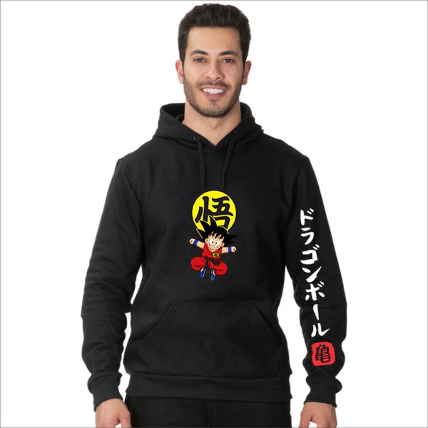 Blusa Moletom Adulto e Infantil Estampado Anime Dragon Ball Z Goku Kakarot Vermelho Com Bolso Canguru e Capuz Preto
