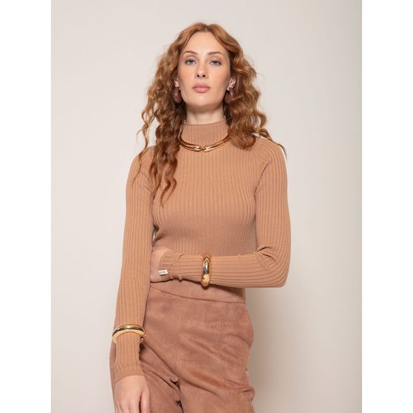 Blusa Malha Canelada Fio Pluma Marrom Médio 
