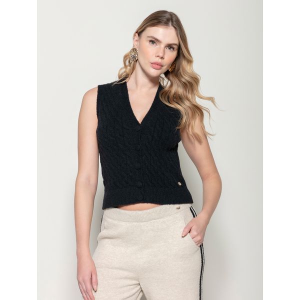 Colete em Fio Pluma c/ Tecimento em Tranças Biamar Preto