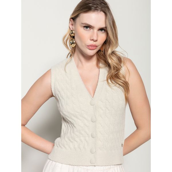 Colete em Fio Pluma c/ Tecimento em Tranças Biamar Bege 