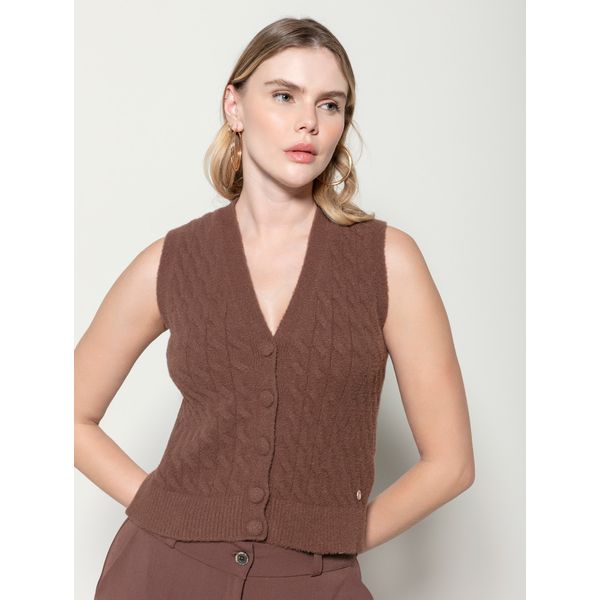 Colete em Fio Pluma c/ Tecimento em Tranças Biamar Marrom