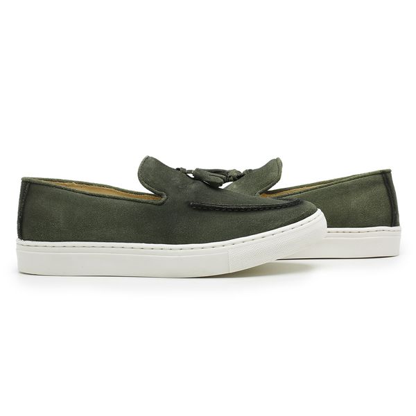 Sapato Loafer Guitte Bambulim Oliva Couro Legítimo Camurça