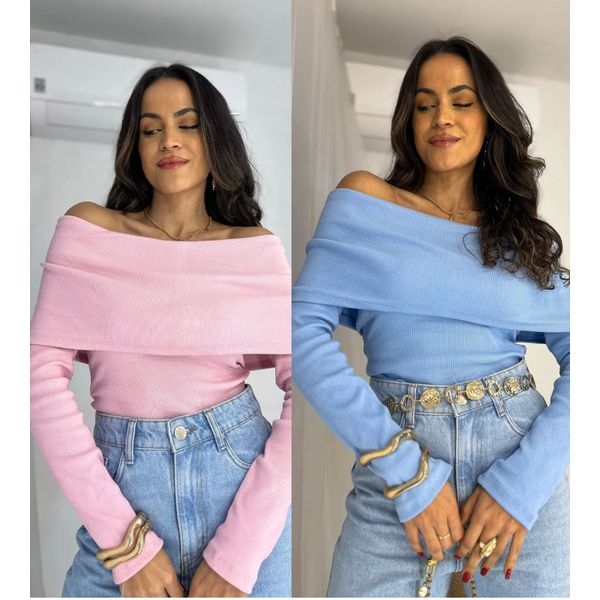  Compre o kit Blusa Ombro a Ombro Azul + Rosa Bourn 