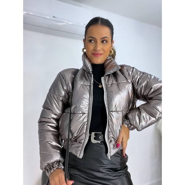 Prata Jaqueta Bomber Metalizada Feminina Jaqueta Puffer Metalizada