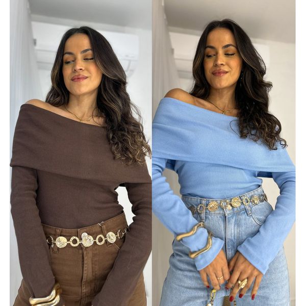 Compre o kit Blusa Ombro a Ombro Café + Azul Bourn 