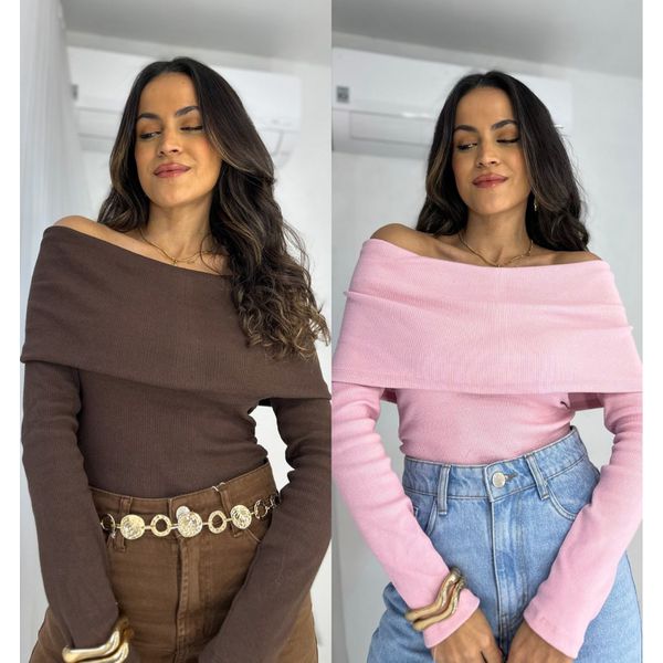 Compre o kit Blusa Ombro a Ombro Café + Rosa Bourn 