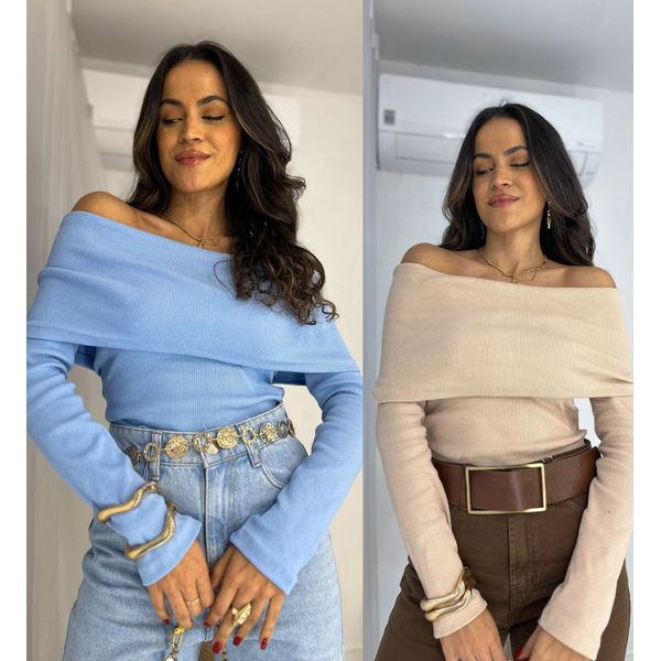 Compre o kit Blusa Ombro a Ombro Nude + Azul Bourn