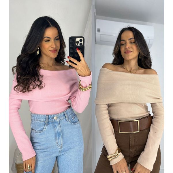 Compre o kit Blusa Ombro a Ombro Nude + Rosa Bourn