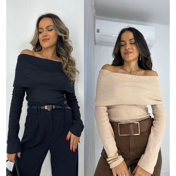 Compre o kit Blusa Ombro a Ombro Nude + Preta Bourn 
