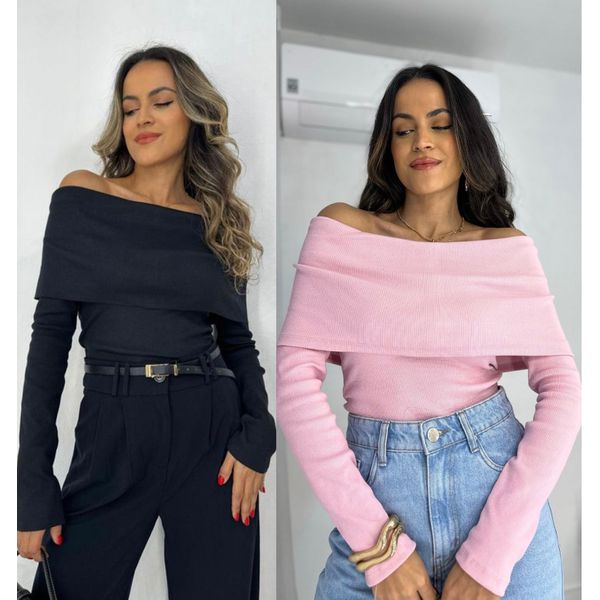 Compre o kit Blusa Ombro a Ombro Preta + Rosa Bourn 