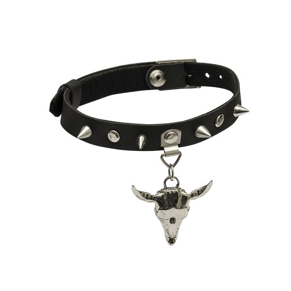 Choker Gargantilha com Pingente de Cranio e Spike Prateadas