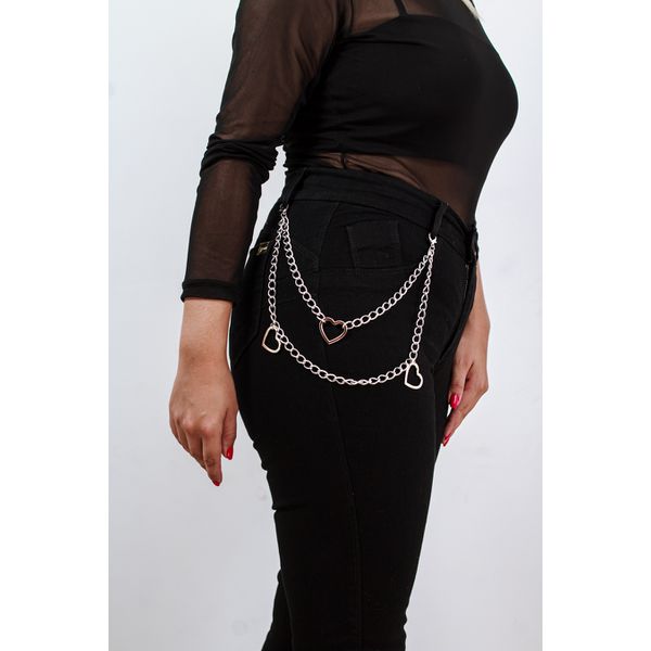 Acessório Corrente Dupla com Três Corações Prateadas para Calça/Saia
