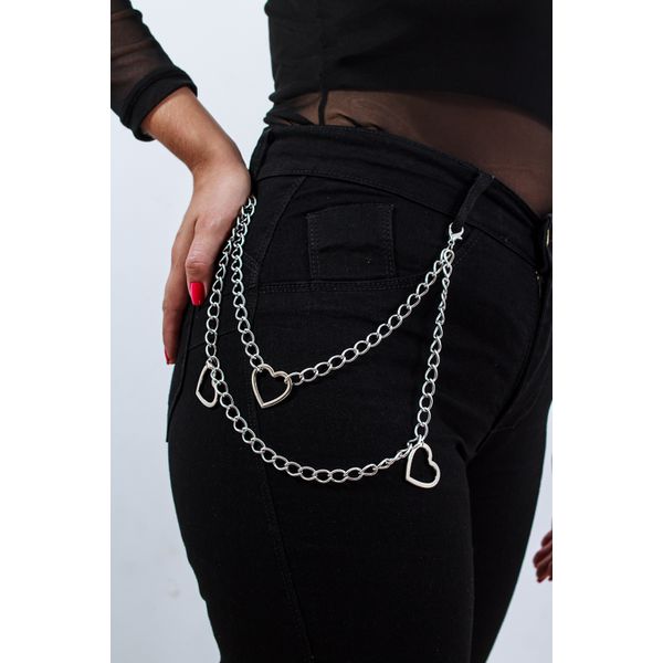 Acessório Corrente Dupla com Três Corações Prateadas para Calça/Saia