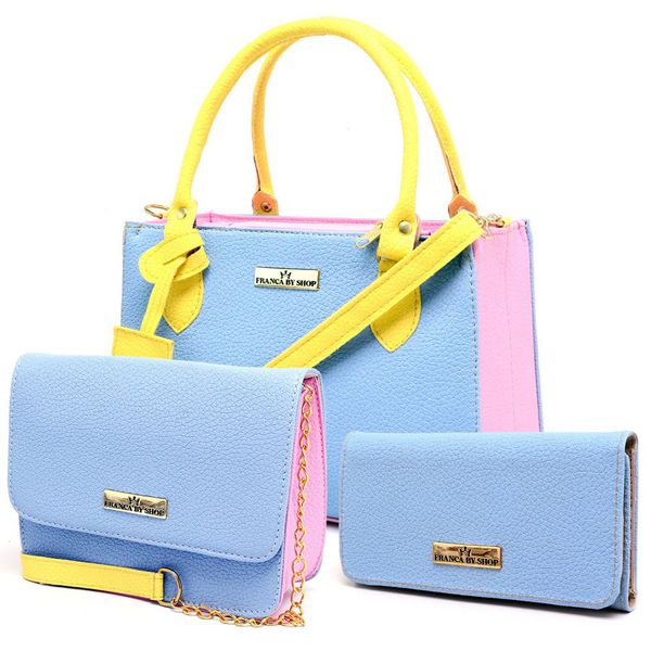 Kit Com 2 Bolsas Femininas Transversais e 1 Carteira Azul e Rosa Bebê