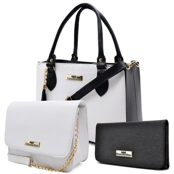 Kit Com 2 Bolsas Femininas Transversais e 1 Carteira Branca e Preto