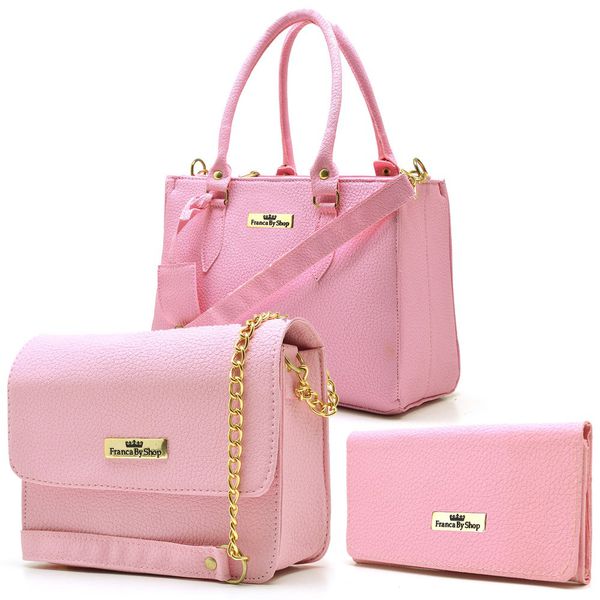 Kit Com 2 Bolsas Femininas Transversais e 1 Carteira Rosa