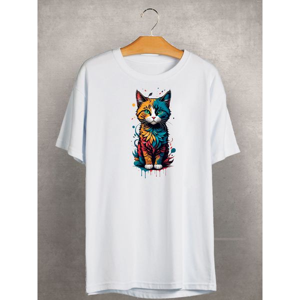 Camiseta Estampada Frente Gatinho Colorido Aquarela