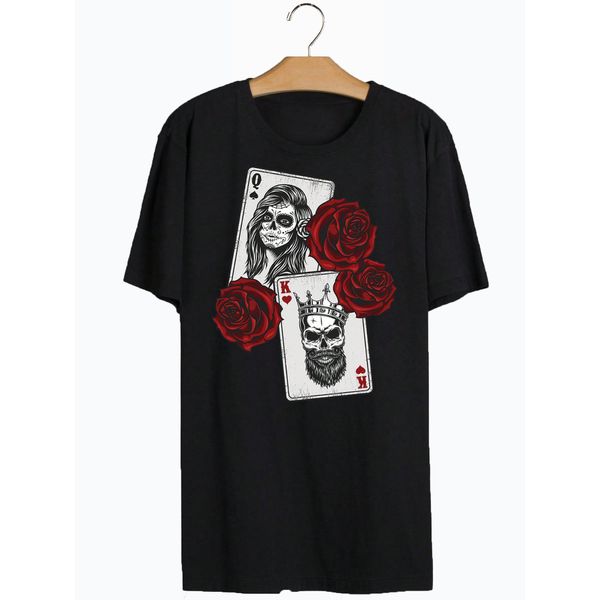 Camiseta Preta Estampa Frente Carta Baralho King and Queen Rosas Vermelhas