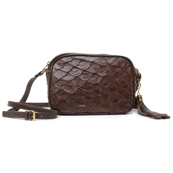 Bolsa Pequena em Couro de Pirarucu (Arapaima gigas) Chocolate Esc. Natural 
