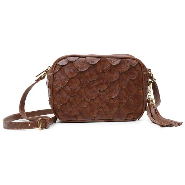 Bolsa Pequena em Couro de Pirarucu (Arapaima gigas) Pecan Esc. Natural 
