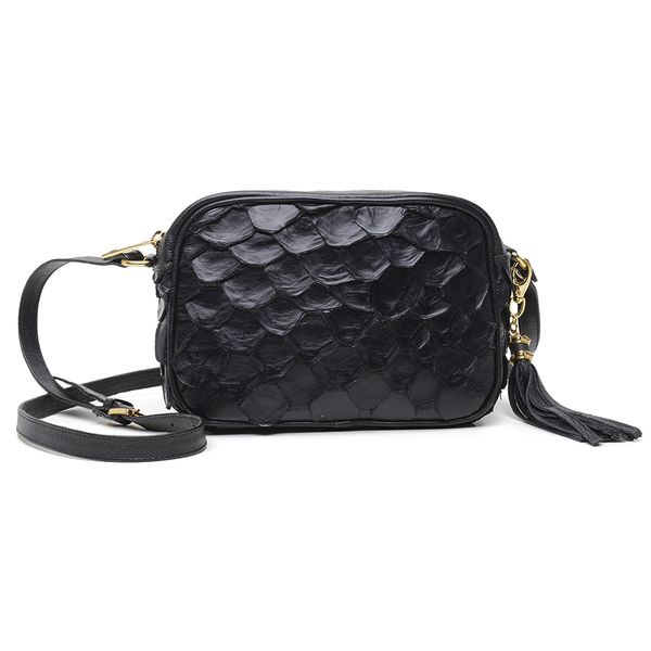 Bolsa Pequena em Couro de Pirarucu (Arapaima gigas) Preto Esc. Natural 