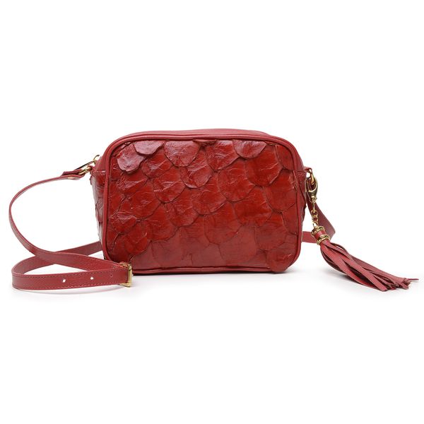 Bolsa Pequena em Couro de Pirarucu (Arapaima gigas) Vermelho Esc. Natural 