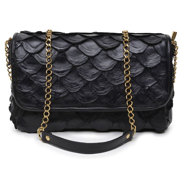 Bolsa em Couro de Pirarucu (Arapaima Gigas) Preto Escama Natural