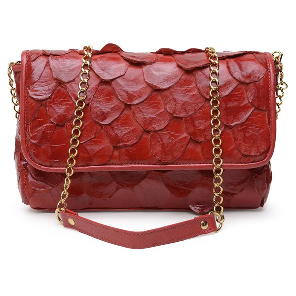 Bolsa em Couro de Pirarucu (Arapaima Gigas) Vermelho Escama Natural