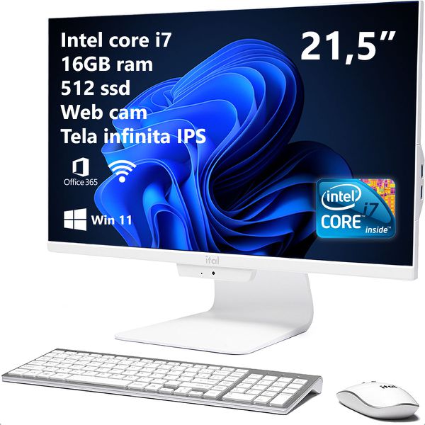 Computador All In One i7 21,5” Ssd 512GB 16G Ram Bluetooth e Wifi Branco ITAL N22