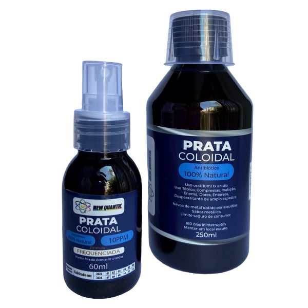 Kit com 1 Prata coloidal New Quantic Frequenciada 250ml + 1 Prata coloidal New Quantic Frequenciada 60ml com spray