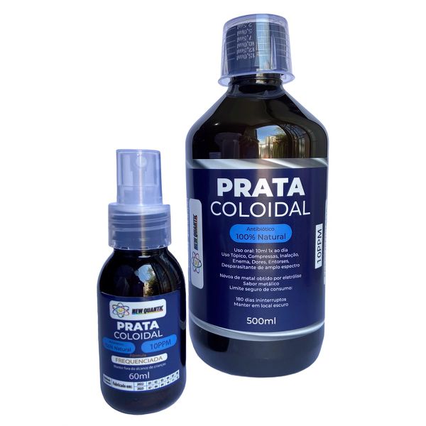 Kit com 1 Prata coloidal New Quantic Frequenciada 500ml + 1 Prata coloidal New Quantic Frequenciada 60ml com