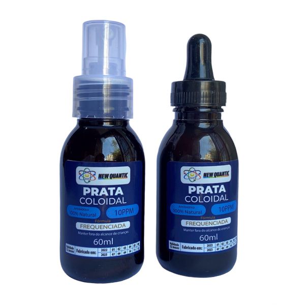 Kit com 1 Prata coloidal New Quantic Frequenciada em spray 60 ml + 1 Prata coloidal New Quantic Frequenciada com conta gotas 60ml