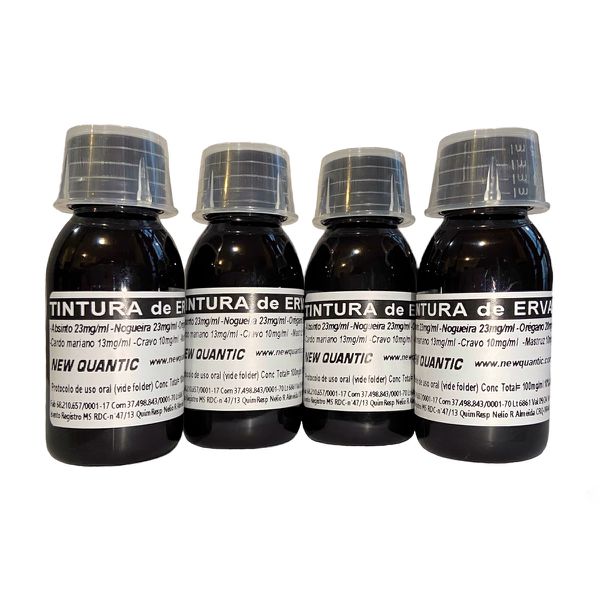 Kit com 4 Tinturas desparasitantes 6 Ervas New Quantic – Curativo hepático/ Hipotensor/ Antioxidante/ Diurético