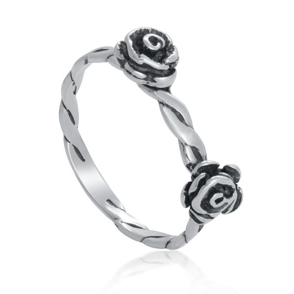 Anel Duas Rosas (flores) com Aro Torcido em Prata 925 Envelhecida