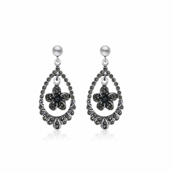 Brinco Gota Flor com Marcassitas em Prata 925
