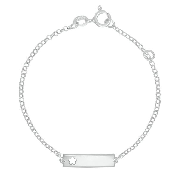 Pulseira Infantil Plaquinha com Flor Vazada Nome Personalizado Elo Português em Prata 925
