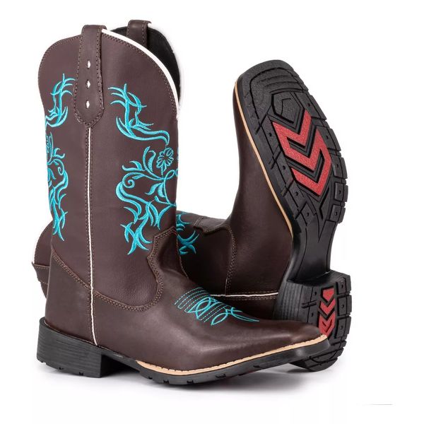 Bota Texana Feminina Tatu Virado Bico Quadrado Bordado Tribal Azul
