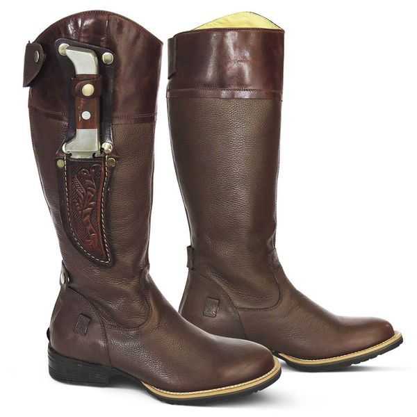 Bota Hípica Masculina Couro Floater Chocolate e Dallas Pinhão Com Faca Acoplada – Tatu Virado