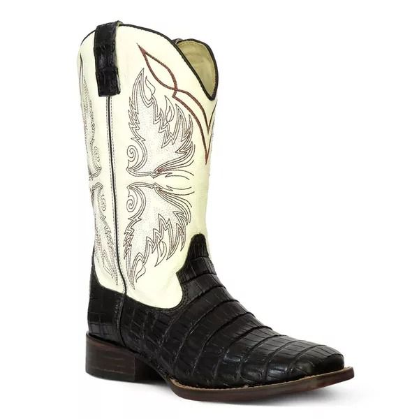 Bota Texana Exótica Masculina Couro Jacaré Preto e Floater Marfim – Tatu Virado 