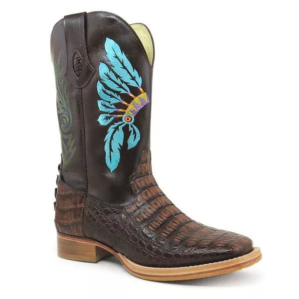 Bota Texana Exótica Masculina Couro Jacaré Tabaco e Dallas Café Bordado Indio – Tatu Virado 
