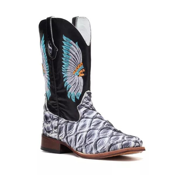 Bota Texana Exótica Masculina Couro Pirarucu Cinza com Floater Preto – Tatu Virado 