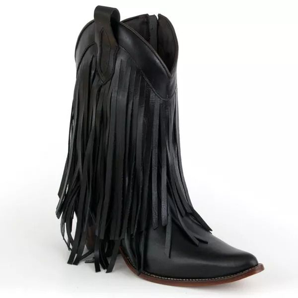 Bota Texana Feminina Couro Dallas Preto Com Franjas – Tatu Virado 