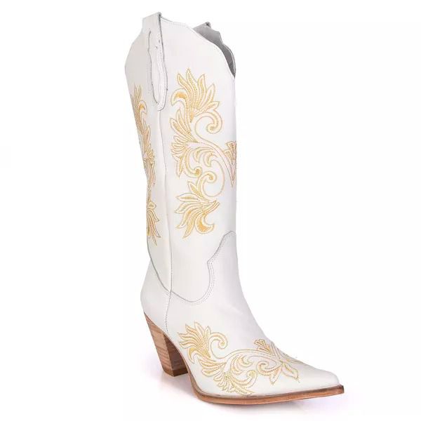 Bota Texana Feminina Couro Floater Branco Bordados Dourado - Tatu Virado 