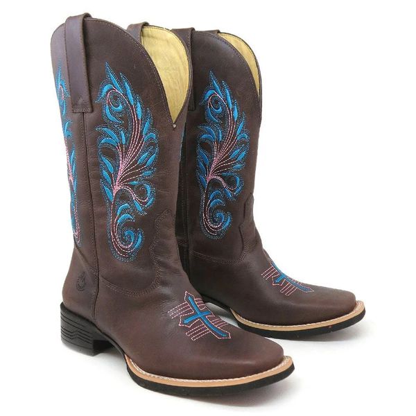 Bota Texana Feminina Couro Fóssil Café Bico Quadrado Florão Cruz – Tatu Virado