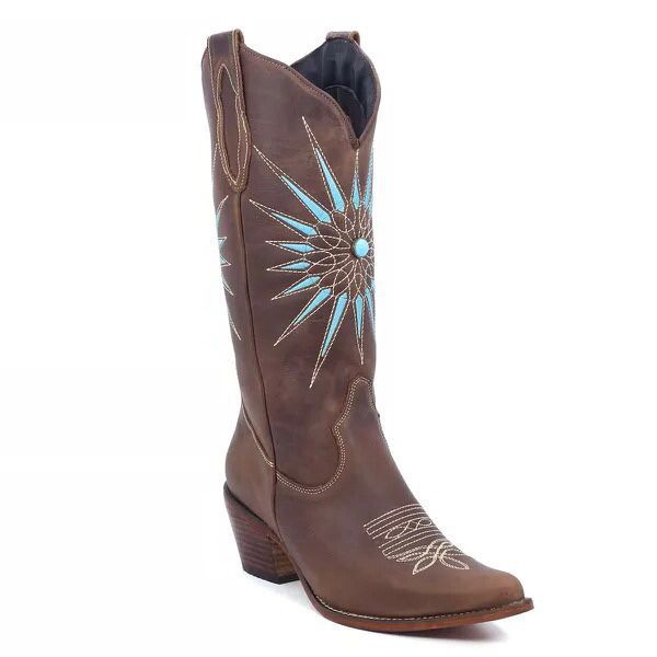 Bota Texana Feminina Couro Fossil Tabaco Bordado e Pedra Azul – Tatu Virado 