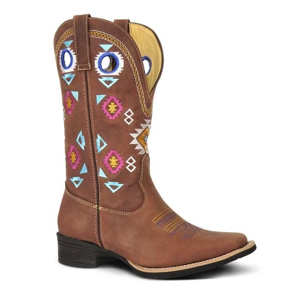 Bota Texana Feminina Couro Rustic Café Bico Quadrado – Tatu Virado